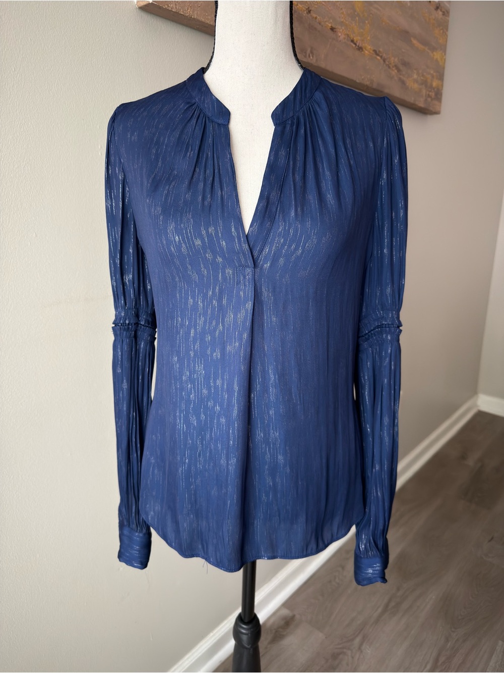 Current Air Anthropologie Navy Blue Metallic Shimmer Long Sleeve Blouse S